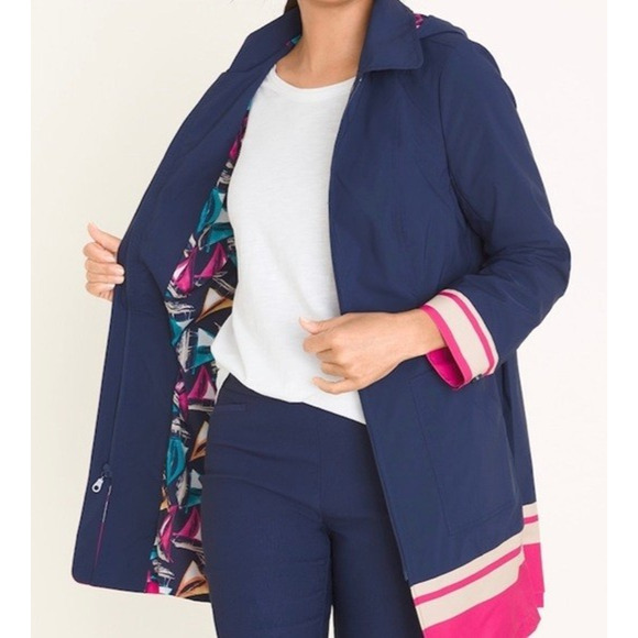 Chico's Hooded Rain Jacket Pleated Back Striped Hem Full Zip Navy Sz 2 US 12/14 - Picture 3 of 15